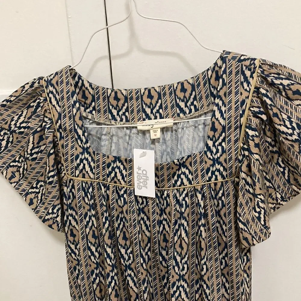 Imoga Pima NWT Organic Cotton Midi Shift Dress in Tan/Navy Ikat Print. Size 12.